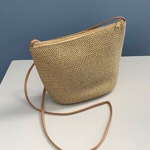 Elegant Tan & Gold Metallic Thread Woven Crossbody Bag